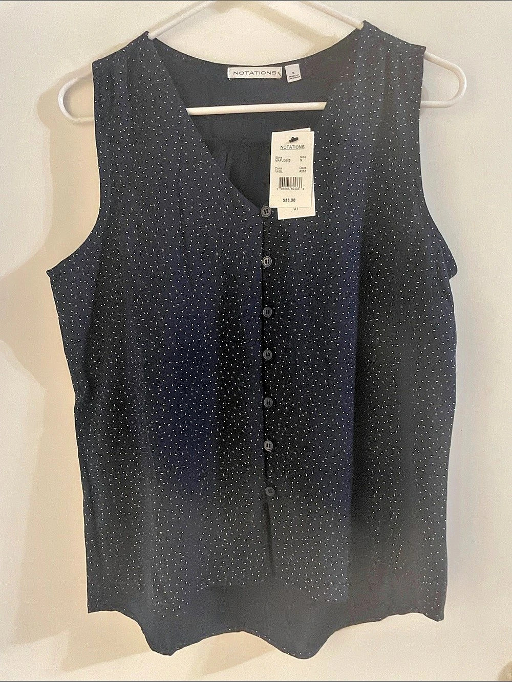 BNWT NOTATIONS Sleeveless Button Front Navy Blue Polka Dot Blouse size small
